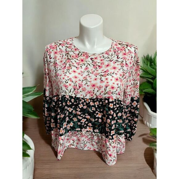 Shop The Mint Floral‎ Color Block Tiered Babydoll Blouse Romantic Spring Top M - Picture 1 of 10